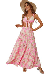 Summer Women'S Floral Wrap Dress Holiday Strappy Beach Boho Long Dress Sexy V Neck Crop Top Maxi Skirt Two-Piece Outfit Sundress