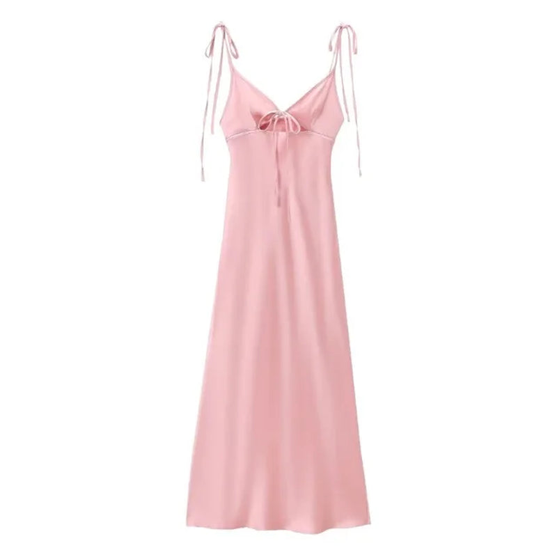 Women Hollow Out Party Sleeveless Long Dress 2024 Summer Fashion New Women A-Line Design Silk Satin Texture Dress Elegant