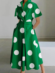 Polo Neck Chic Office Lady Print Dresses Patchwork Pockets Loose Casual Long Dress Elegant Women Short Sleeve High Waist Dress