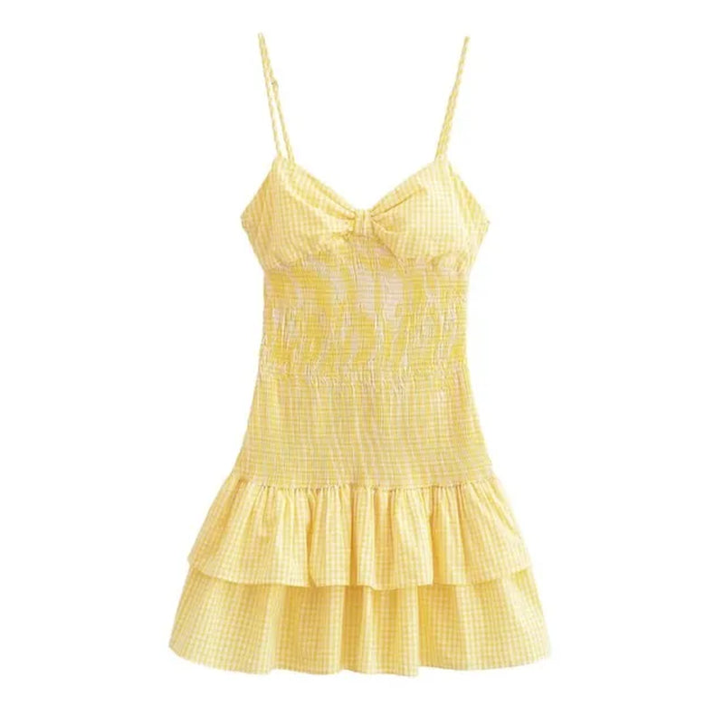 TRAF Women Small Plaid Bow Short Dress Summer Fashion Thin Straps Backless Elastic Waist Sexy Stacked Hem Female Midi Dresses