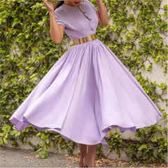 Women Vintage 1950S Retro Dress Elegant Rockabilly Short Sleeve a Line Swing Casual Prom Cocktail Midi Shirt Dress with Belt 3XL