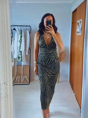 Women Halter Pleated Party Midi Long Dress Summer New Fashion Printed Silk Mesh Slim Fit Dress Women Temperament Dress Elegant