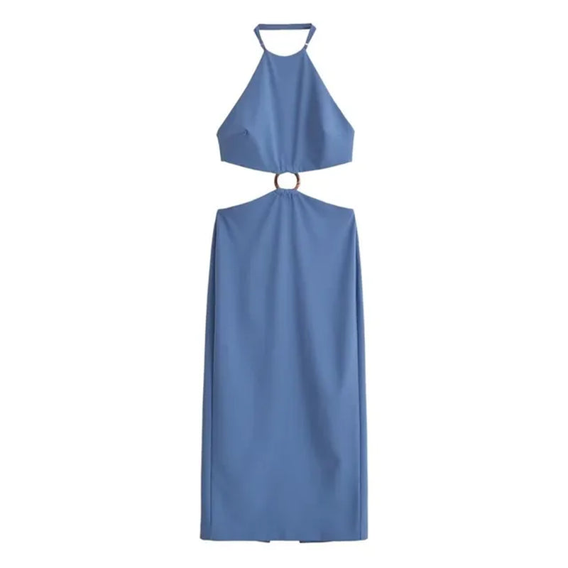 TRAF Women Waist Opening Design Hanging Neck Collar Dress for Ring Buckle Design Backless Slim Sexy Style Female Dress
