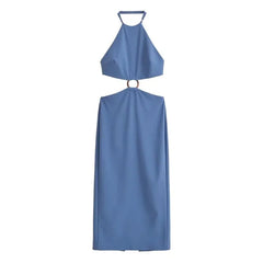TRAF Women Waist Opening Design Hanging Neck Collar Dress for Ring Buckle Design Backless Slim Sexy Style Female Dress