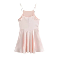 Short Satin Short Dress Women Summer Backless Adjustable Thin Straps Flared Hem Casual Young Sweet Style Slim Mini Dresses