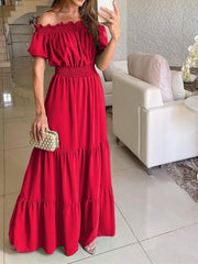 Women off Shoulder Ruffles Dress for Summer Slash Neck Short Sleeve Dress 2024 Holiday New Long Maxi Dress for Women Elegant