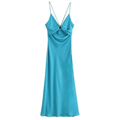 TRAF Women Thin Straps Midi Dress for Summer Silk Texture Backless Long Dresses Slim Side Zipper Ring Buckle Sexy Dresses