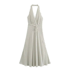 Polka Dot Camisole Dress Women Summer with Backless Midi Dresses Sexy Slim Folded Horn Shaped Hem Lace up Party Dresses