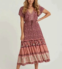 Green Cotton Floral Print Midi Dresses for Women Robe Vintage Casual Long Summer Dress V-Neck Boho Beach Vestidos 2020