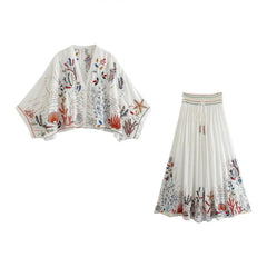 Batwing Sleeve Embriodery Paisley Print Skirt Set Outfits for Women V Neck Button Tiered Midi Skirt Suit Vintage Casual Set