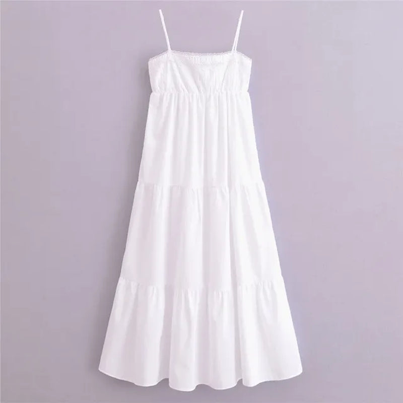 Backless European American Fashion Style Layered Patchwork Poplin Midi Dress with Sexy Sleeveless Party Long Dresses