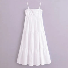 Backless European American Fashion Style Layered Patchwork Poplin Midi Dress with Sexy Sleeveless Party Long Dresses