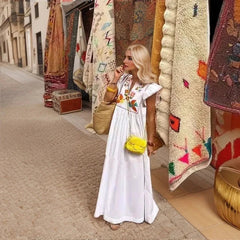 2024 Summer Sweet Vacation Ethnic Style Ruffled Dress New Holiday Ruffles Shoulder Loose Doll Dress Women Vintage Long Dress